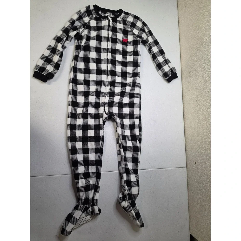 The Childrens Place Kids 4T Black White Buffalo Plaid Fleece Footed Pajamas